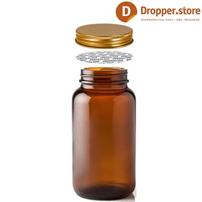 Amber-Glass-Pill-Bottle-150ml-TYPE-III-with-Gold-Aluminum-Cap-Press-Liner-5-oz.-150-cc-Amber-Glass-Packer-Bottle-for-Pills-Tablet-Supplements-Vitamins-Capsules-Nutrition-Powder