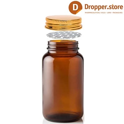 Amber Glass Pill Bottle 200ml TYPE III with Gold Aluminum Cap & Press Liner  for Pills , Tablet , Supplements , Vitamins , Capsules , Nutrition Powder