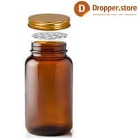 Amber-Glass-Pill-Bottle-250ml-TYPE-III-with-Gold-Aluminum-Cap-Press-Liner-8-oz.-250-cc-Amber-Glass-Packer-Bottle-for-Pills-Tablet-Supplements-Vitamins-Capsules-Nutrition-Powder
