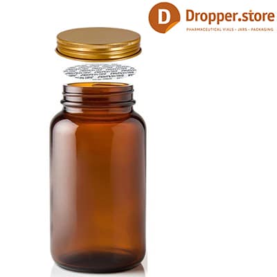 Amber-Glass-Pill-Bottle-250ml-TYPE-III-with-Gold-Aluminum-Cap-Press-Liner-8-oz.-250-cc-Amber-Glass-Packer-Bottle-for-Pills-Tablet-Supplements-Vitamins-Capsules-Nutrition-Powder