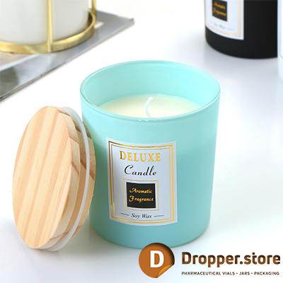 Blue Glass Jar 220ml with Wooden Lid for Candles